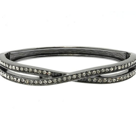 Womens Ladies Hematite Clear Pave Criss Cross Crystal Curved Hinge Cuff Bracelet - Picture 1 of 2